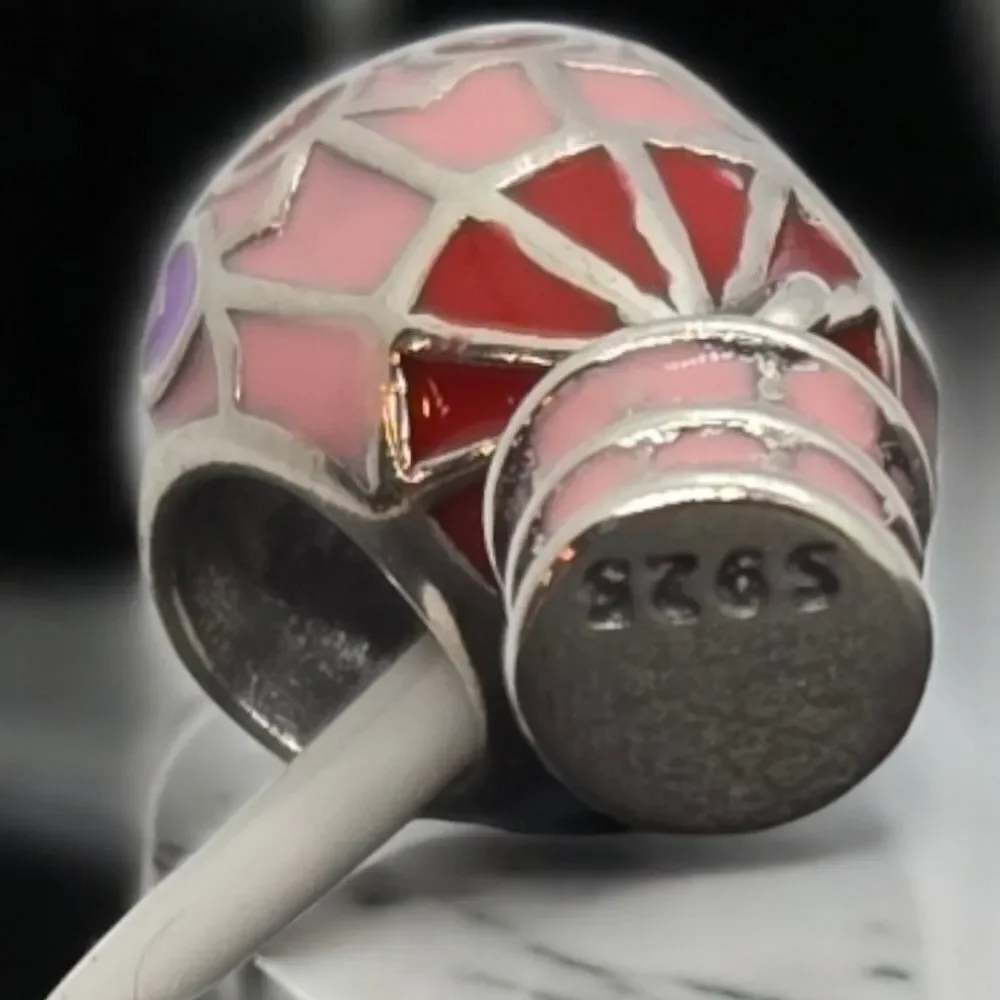 Hot Air Balloon Charm S925 Sterling Silver Pink Hearts Slide-On Bracelet Pendant